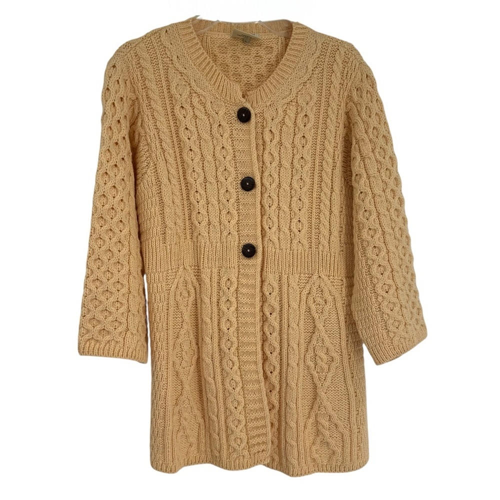 Kilronan Knitwear Ireland Merino Wool Women L Yellow Cable Knit Cardigan Sweater